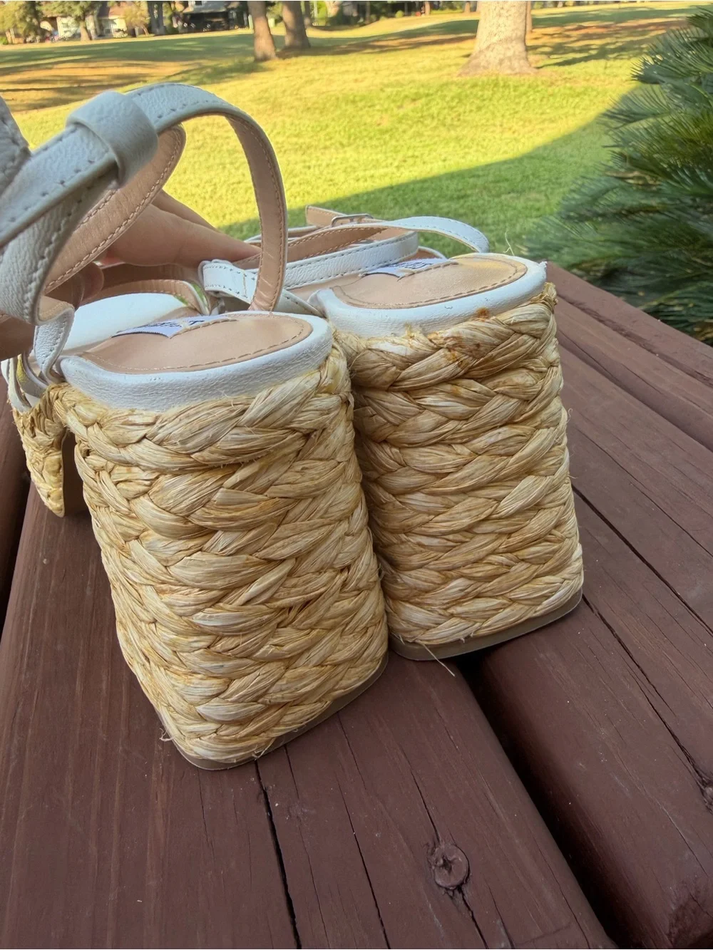 Steve Madden Belise White Leather Raffia Platform Heels 8 $130 Retail